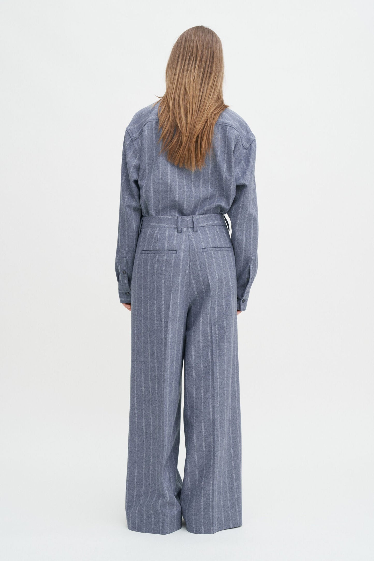 WIDE PLEATED STRIPED TROUSERS GREY BLUE STRIPE