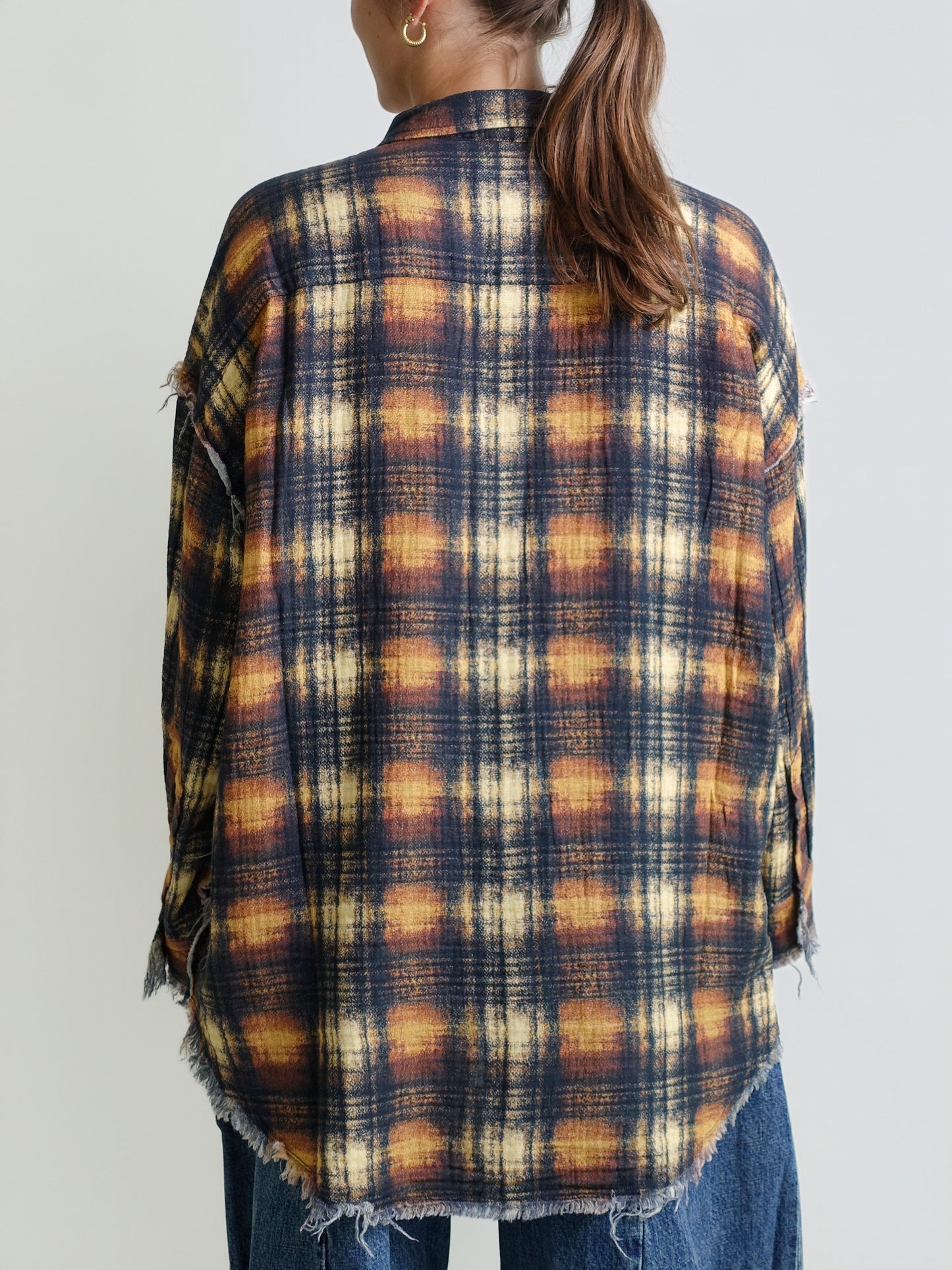 SHREDDED SEAM DROP NECK SHIRT KHAKI BLACK CREAM PLAID