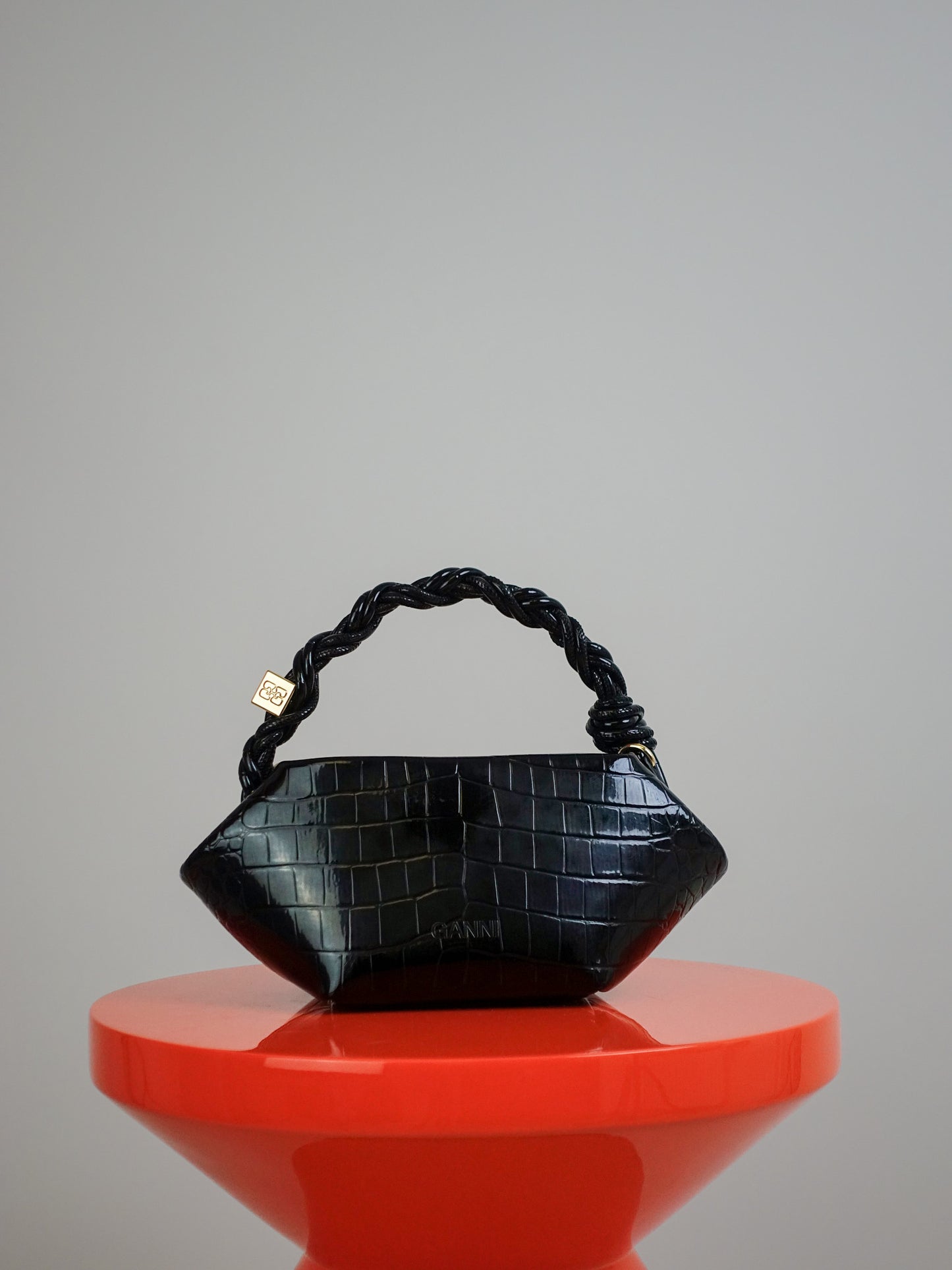 GANNI BOU BAG MINI PATENT CROCO BLACK
