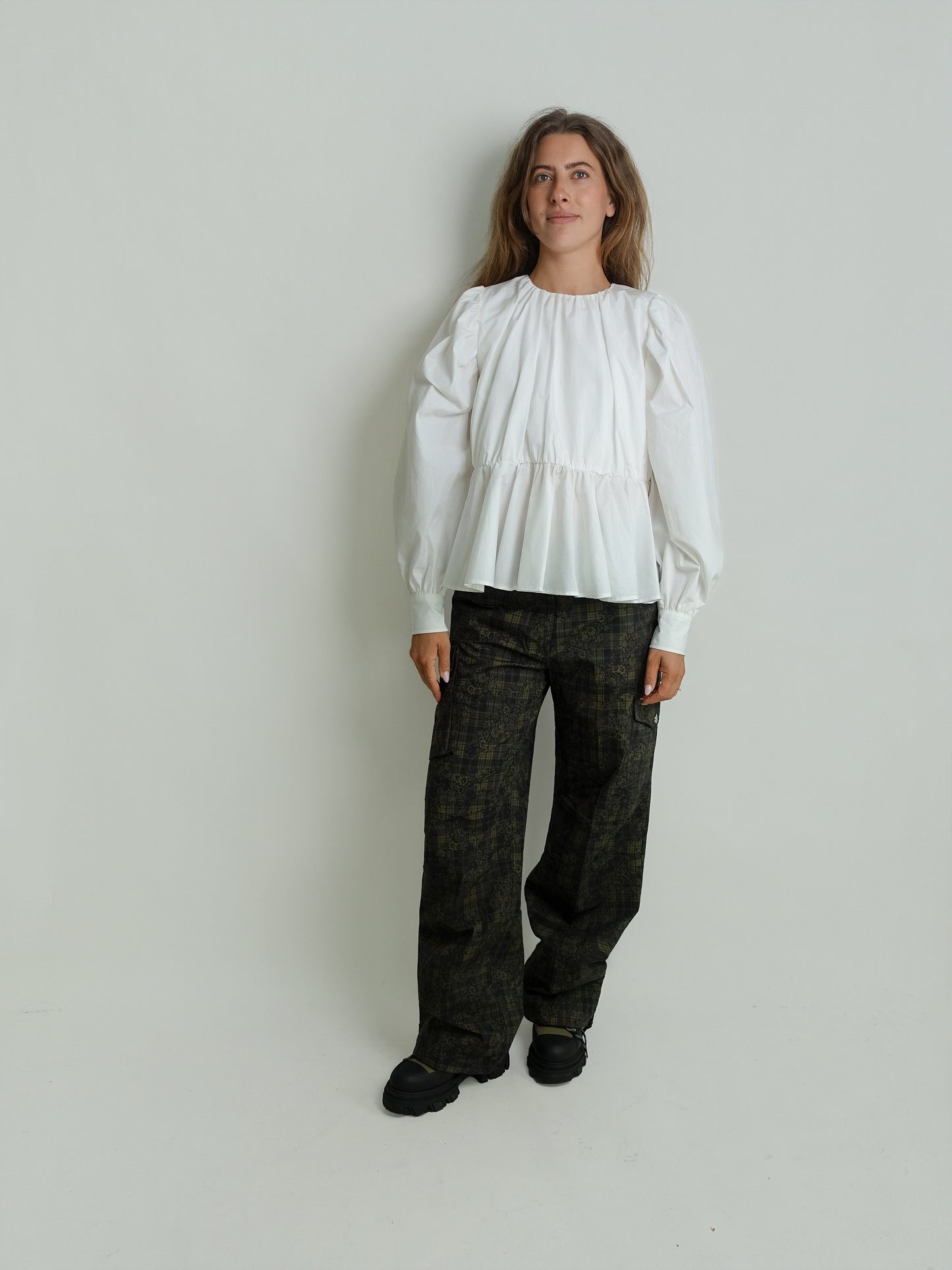 COMPACT POPLIN GATHERED PEPLUM BLOUSE BRIGHT WHITE