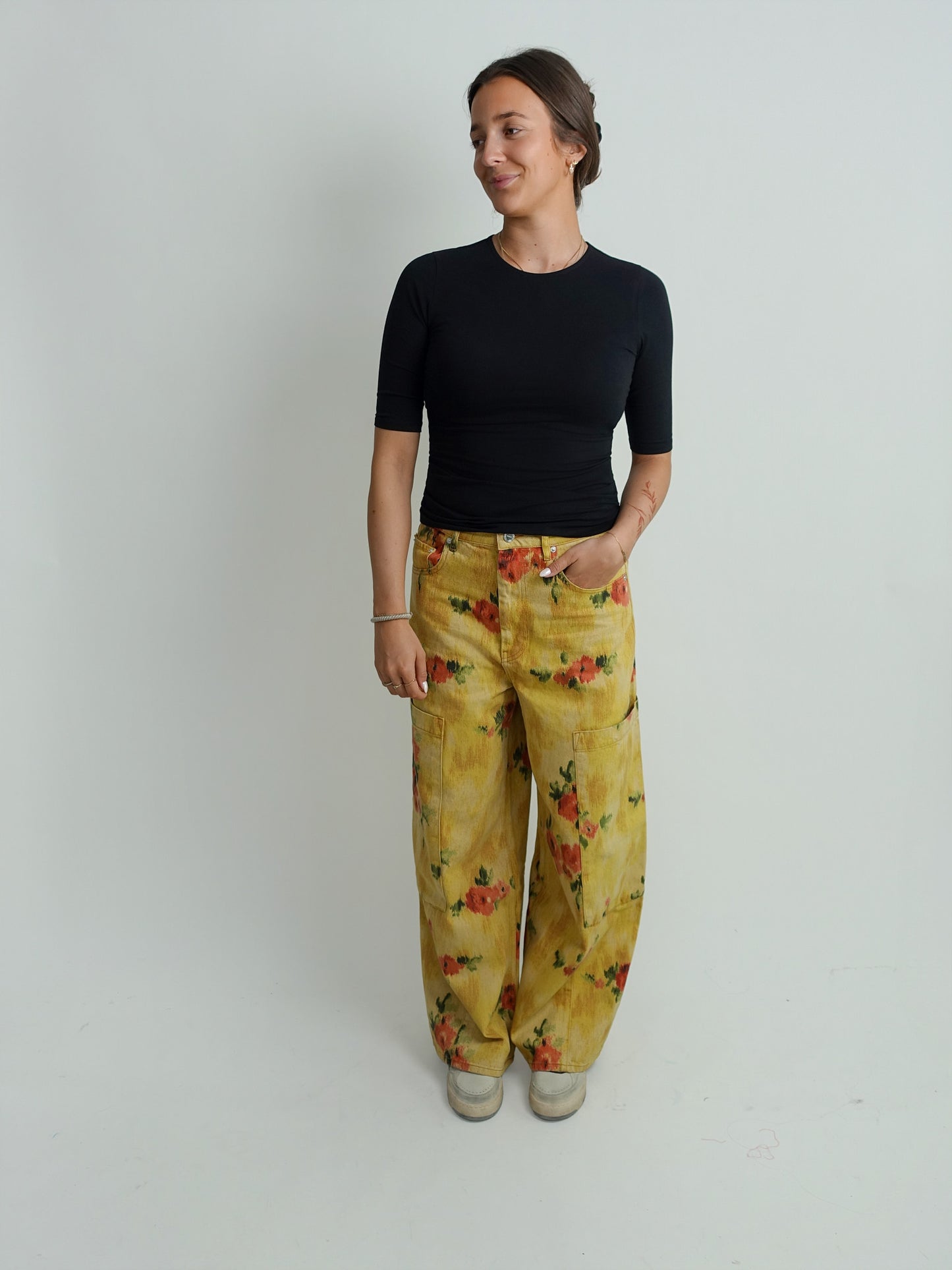 PRINT DENIM BAGGY CARGO JEANS VIBRANT YELLOW