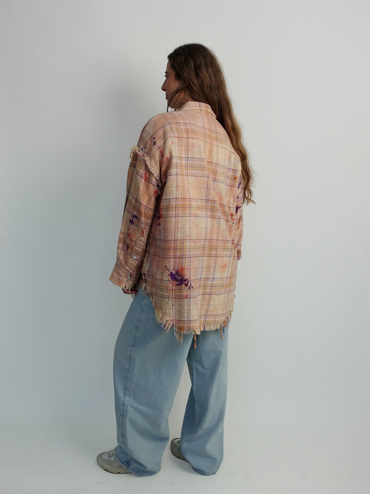 SHREDDED SEAM DROP NECK SHIRT ORANGE PURPLE PLAID