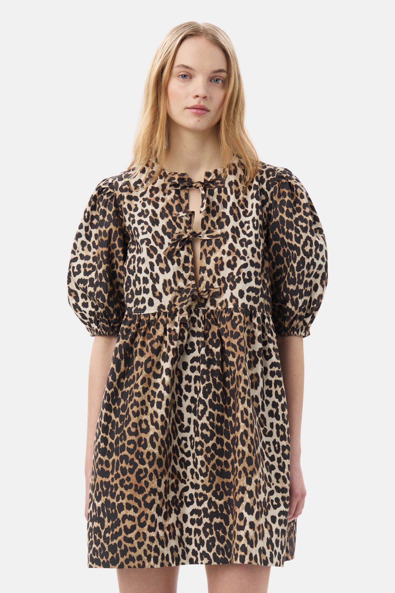 PRINTED COTTON TIE STRING MINI DRESS LEOPARD