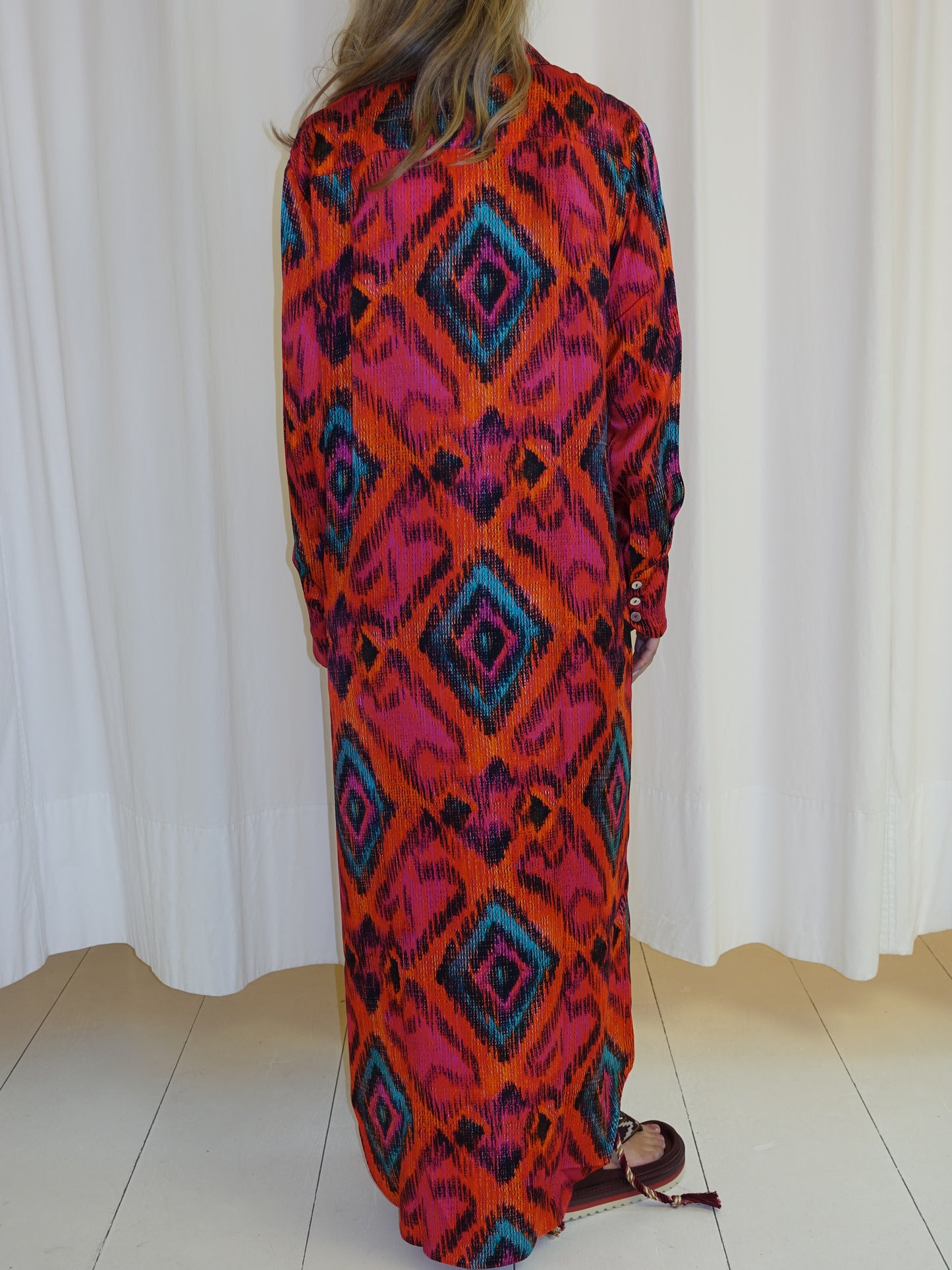 SILK SHIRT DRESS ORANGE FUCHSIA IKAT