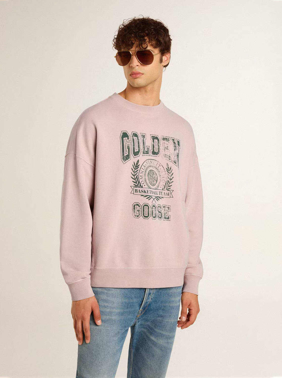 JOURNEY UNISEX CREW NECK SWEATSHIRT DYED ORANIC COTTON FLEECE VINTAGE COLLEGE PRINT SHADOW GREY/HUNTER GREEN