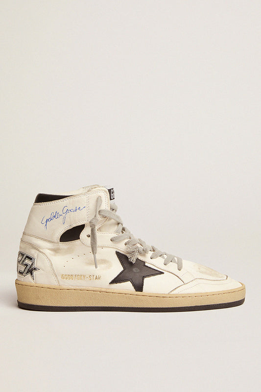 GOLDEN GOOSE  SKY STAR SHINY UPPER AND SPUR LAMINATED VINTAGE LEATHER STAR NYLON TONGUE BLACK/RED