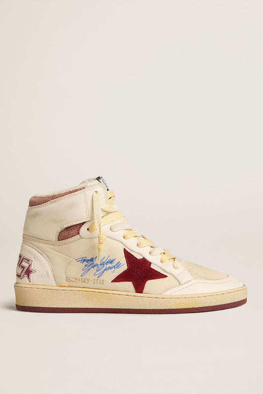 GOLDEN GOOSE SKY STAR  NYLON UPPER WITH SIGNATURES SUEDE STAR CRACK ANKLE NAPPA SPUR BEIGE/POMEGRANADE/WHITE/RED