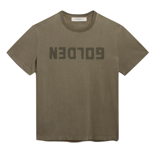 GOLDEN GOOSE GOLDEN M'S REGULAR T-SHIRT DISTRESSED COTTON JERSEY WITH LOGO DUSTY OLIVE
