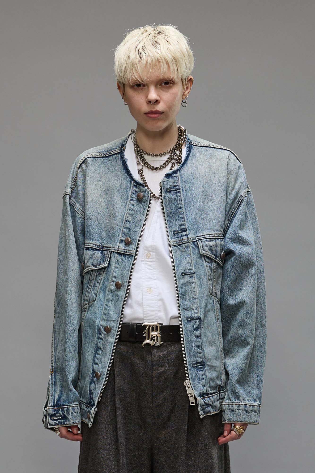 COLLARLESS ZIP-UP TRUCKER JACKET CAXTON BLUE