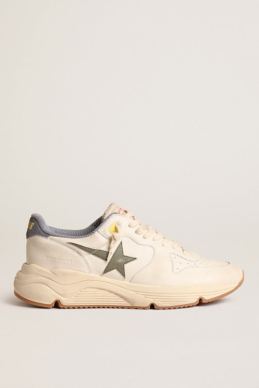GOLDEN GOOSE RUNNING SOLE LEATHER UPPER STAR NYLON TONGUE DRUMMED LEATHER STAR SUEDE HEEL WHITE/GREEN/POWDER BLUE