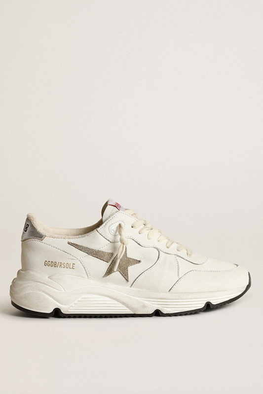 GOLDEN GOOSE  RUNNING SOLE NAPPA UPPER SUEDE STAR LAMINATED HEEL WHITE/TAUPE/SILVER