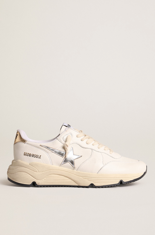 GOLDEN GOOSE RUNNING NAPPA UPPER LAMINATED STAR AND HEEL WHITE/SILVER/GOLD