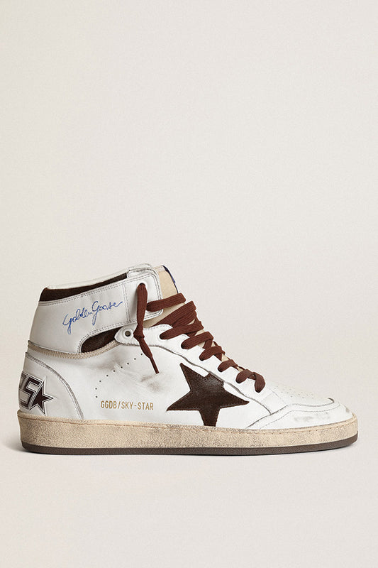 GOLDEN GOOSE SKY STAR NAPPA UPPER AND SPUR NYLON TONGUE SUEDE STAR WHITE/BEIGE/CHOCOLATE BROWN