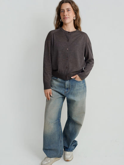 KITA FINE CREWNECK CARDIGAN BROWN MELANGE