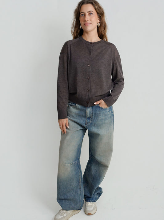 KITA FINE CREWNECK CARDIGAN BROWN MELANGE