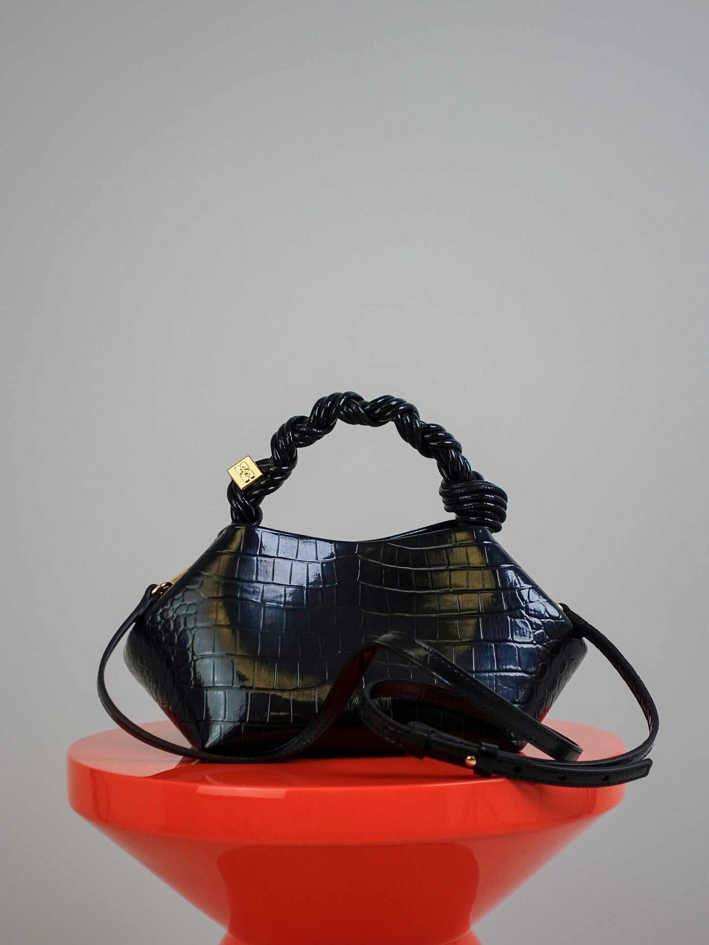 GANNI BOU BAG SMALL PATENT CROCO BLACK