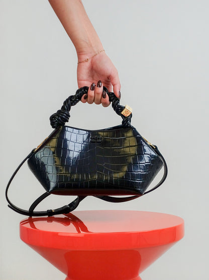 GANNI BOU BAG SMALL PATENT CROCO BLACK