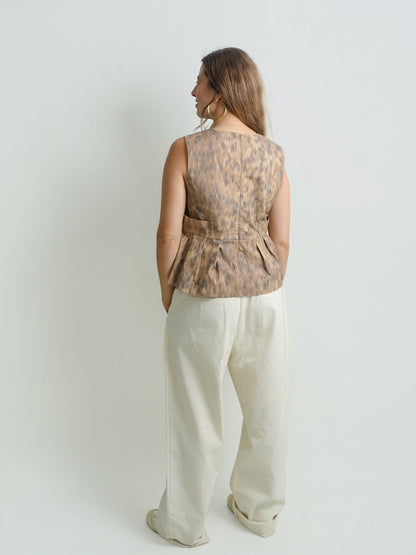 PRINTED STRETCH COTTON V-NECK POCKET BLOUSE BURRO