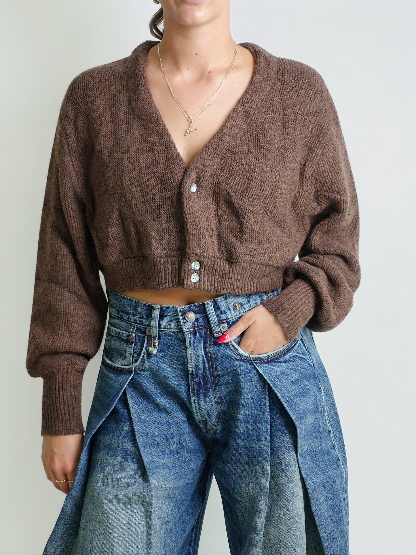 CROPPED CARDIGAN BROWN TWEED