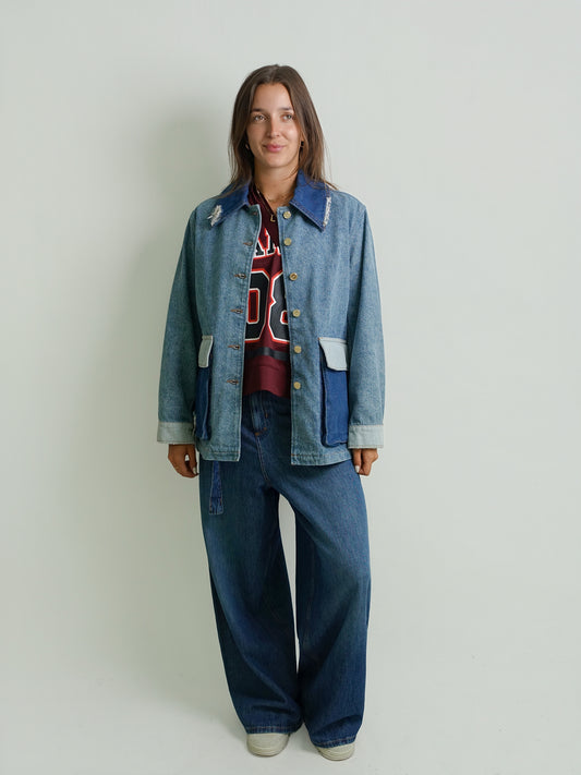 PATCHWORK DENIM MIDI JACKET MID BLUE VINTAGE