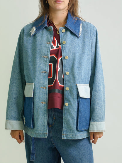 PATCHWORK DENIM MIDI JACKET MID BLUE VINTAGE