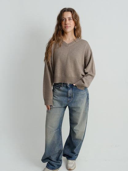ANZOR LDS V NECK BOXY SWEATER TAUPE MELANGE