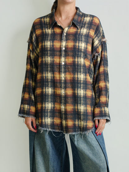SHREDDED SEAM DROP NECK SHIRT KHAKI BLACK CREAM PLAID