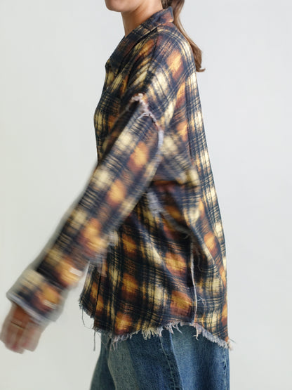 SHREDDED SEAM DROP NECK SHIRT KHAKI BLACK CREAM PLAID