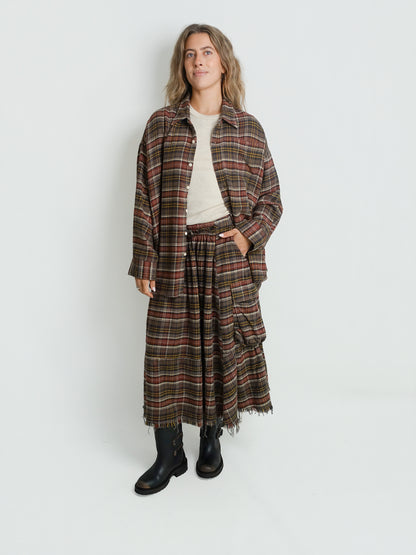 RAW HEM GATHERED CARGO SKIRT RUST BROWN PLAID