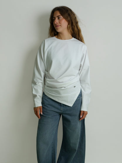 HEAVY STRETCH COTTON DRAPED BLOUSE BRIGHT WHITE
