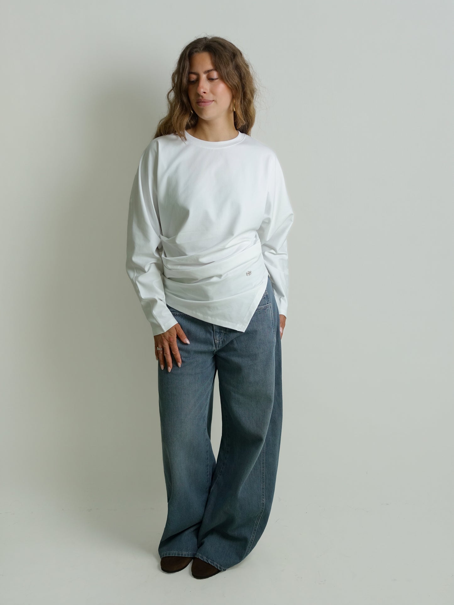 HEAVY STRETCH COTTON DRAPED BLOUSE BRIGHT WHITE