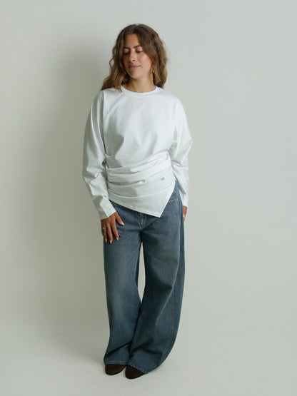 HEAVY STRETCH COTTON DRAPED BLOUSE BRIGHT WHITE