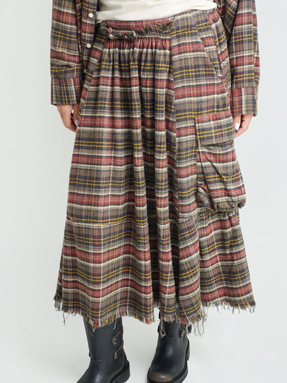 RAW HEM GATHERED CARGO SKIRT RUST BROWN PLAID