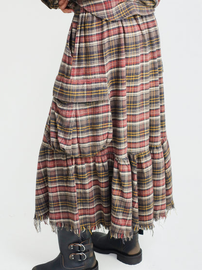 RAW HEM GATHERED CARGO SKIRT RUST BROWN PLAID