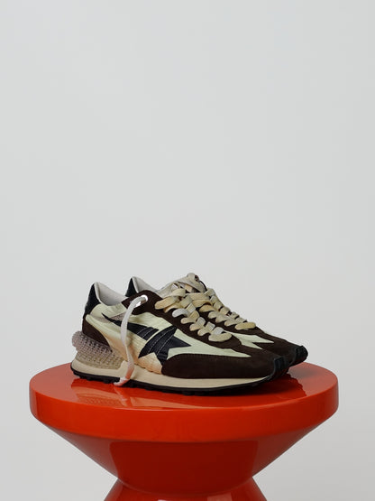 RUNNING MARATHON NYLON UPPER SUEDE TOE AND SPUR LEATHER HEEL LIME YELLOW/BROWN/BLACK