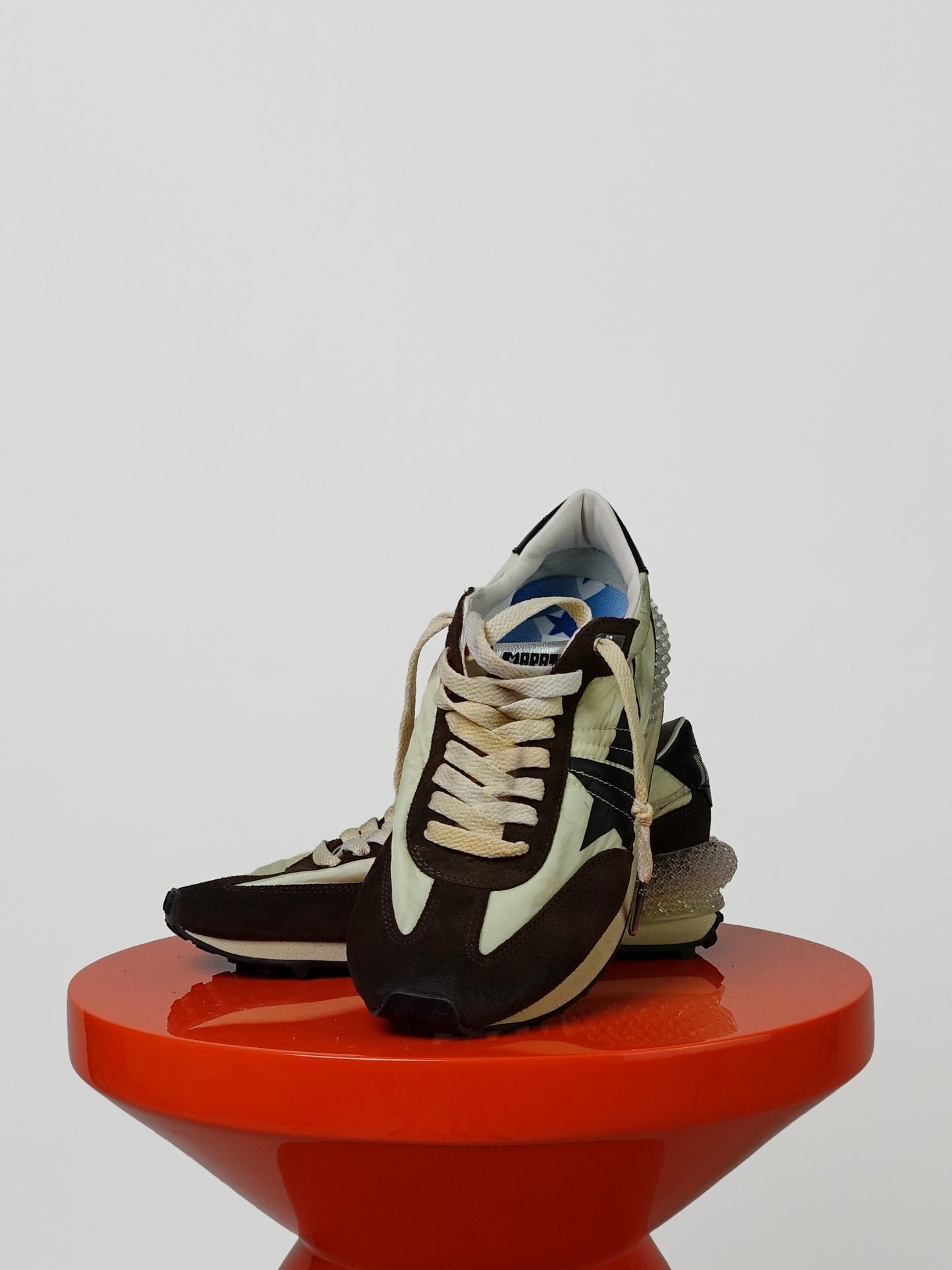 RUNNING MARATHON NYLON UPPER SUEDE TOE AND SPUR LEATHER HEEL LIME YELLOW/BROWN/BLACK