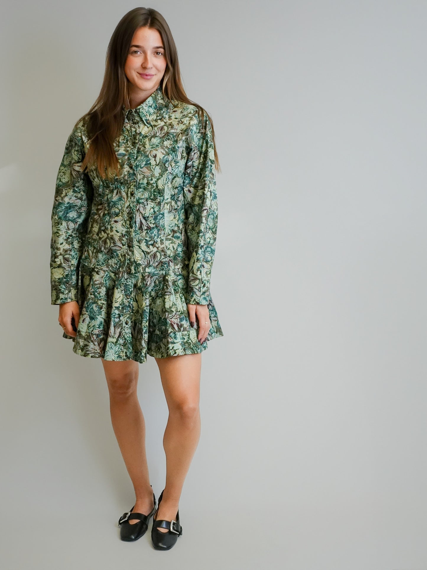 PRINTED STRETCH COTTON BUTTONED MINI DRESS JADEITE