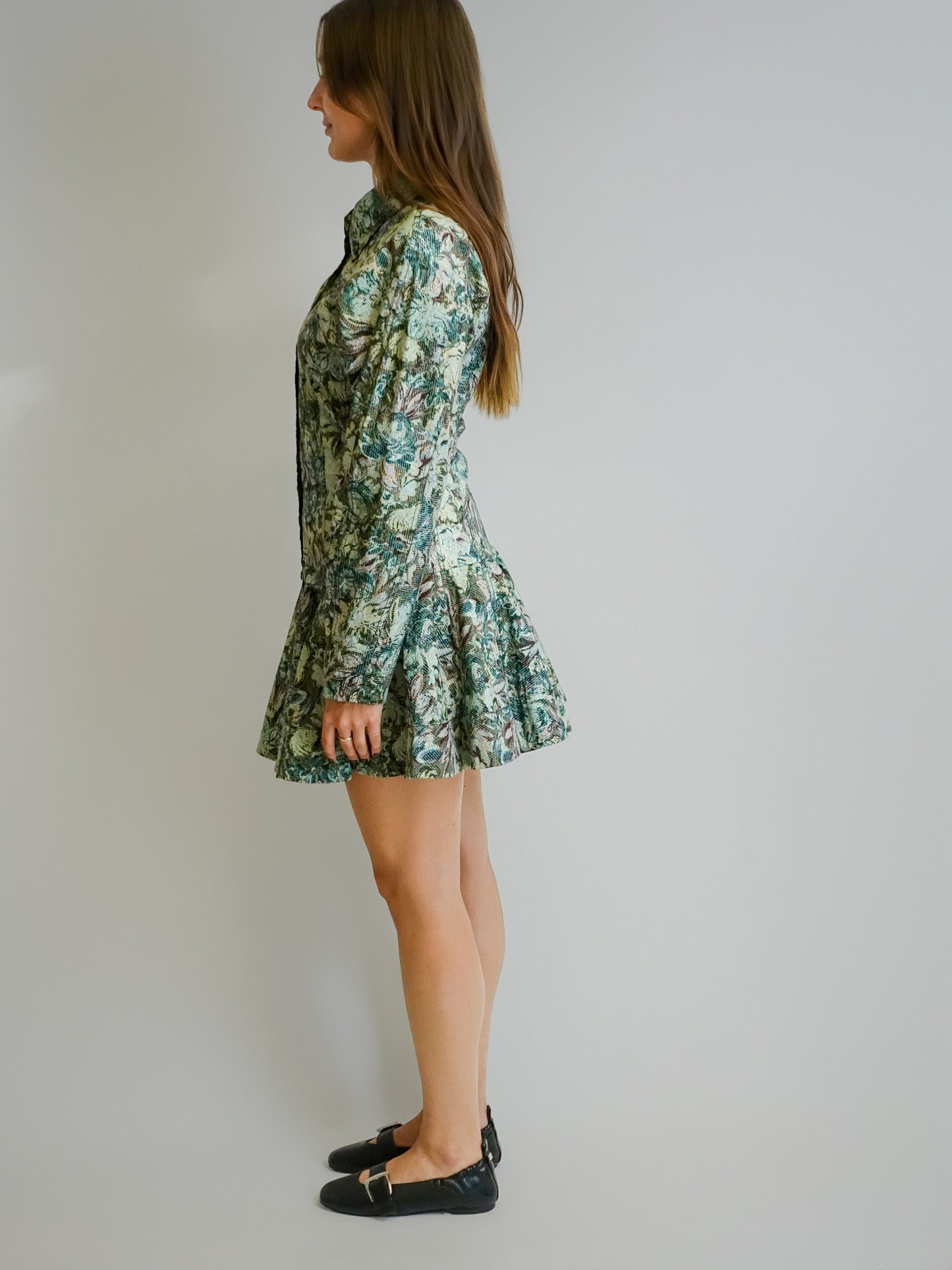 PRINTED STRETCH COTTON BUTTONED MINI DRESS JADEITE