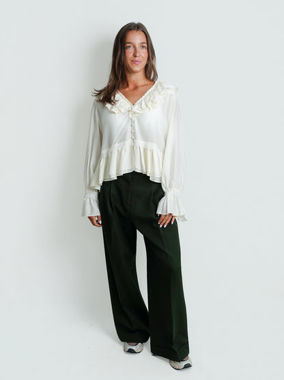 VISCOSE SILK HABOTAI FRILL BLOUSE EGRET