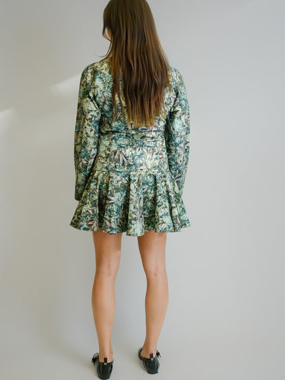 PRINTED STRETCH COTTON BUTTONED MINI DRESS JADEITE