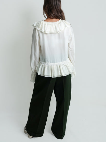 VISCOSE SILK HABOTAI FRILL BLOUSE EGRET