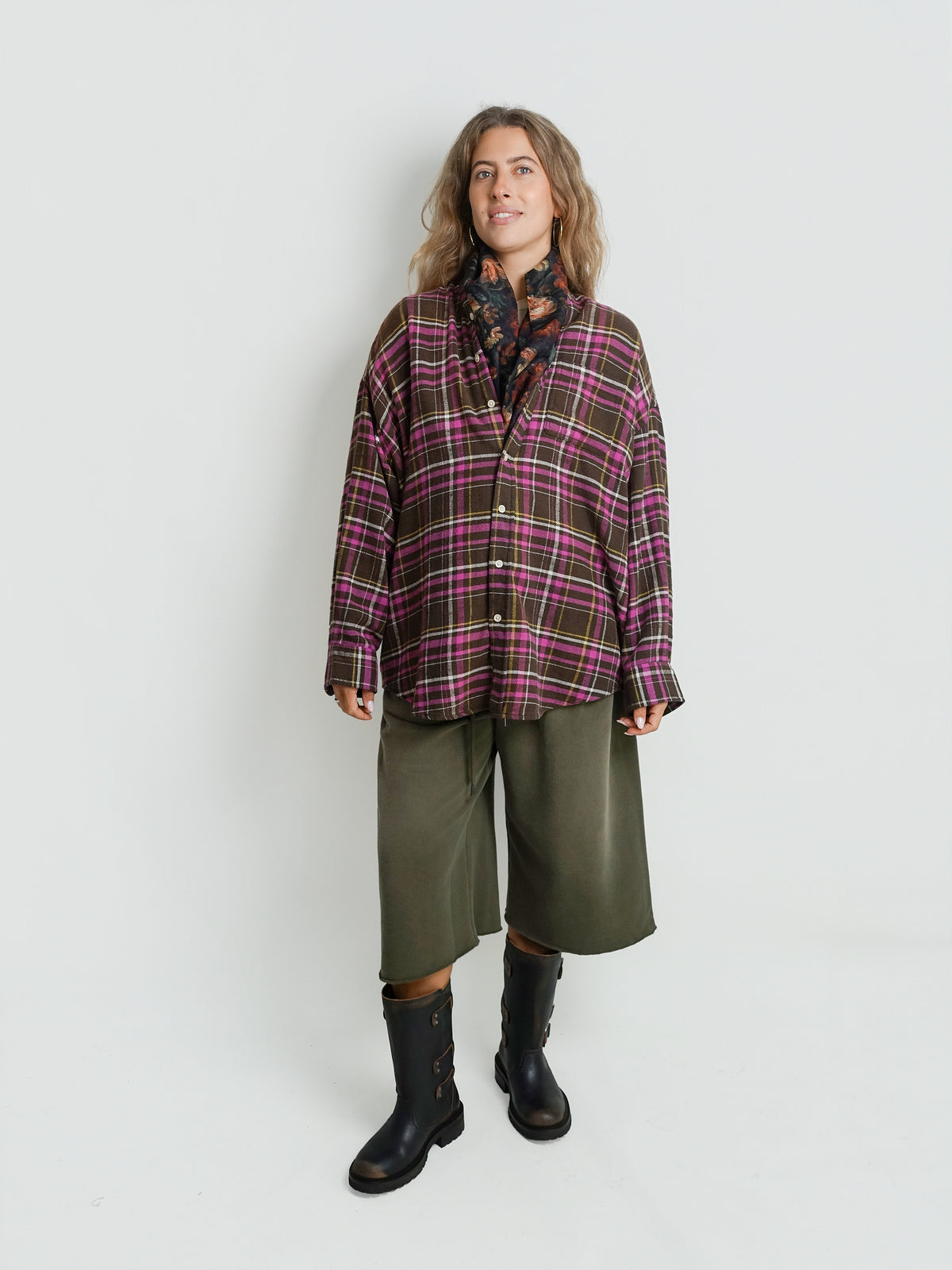 SCARF INSET DROP NECK SHIRT BROWN PINK PLAID