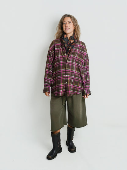 SCARF INSET DROP NECK SHIRT BROWN PINK PLAID