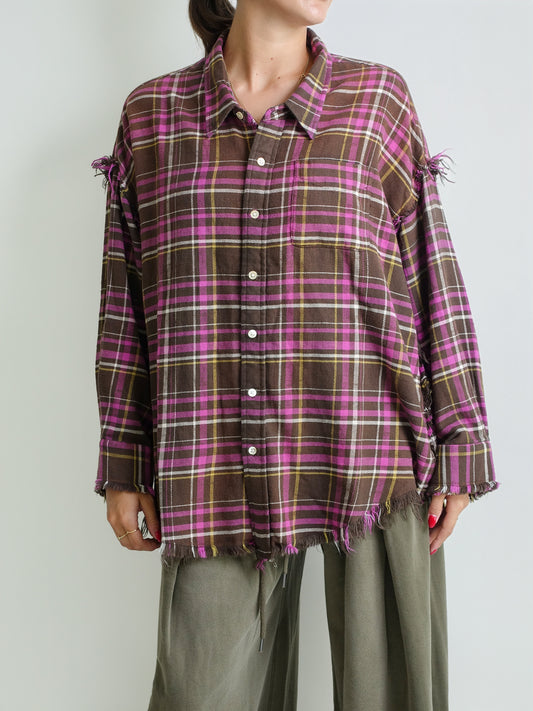 SHREDDED SEAM DROP NECK SHIRT BROWN PINK PLAID