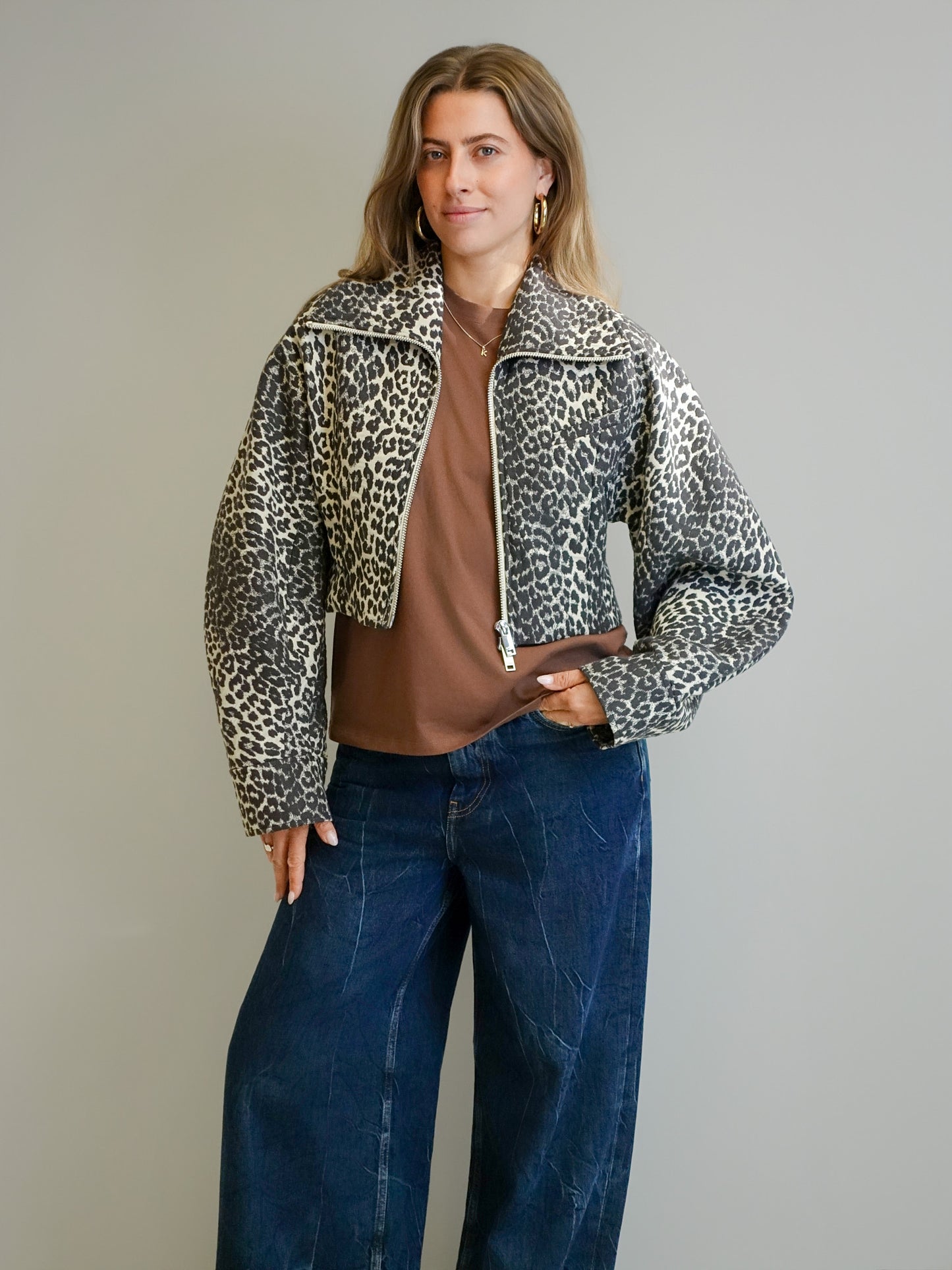 COTTON TWEED CURVE SLEEVE SHORT JACKET LEOPARD