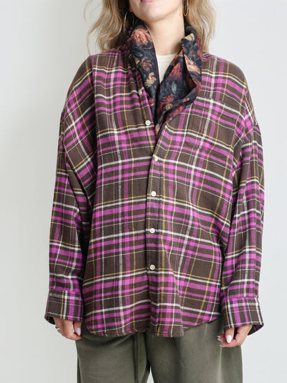 SCARF INSET DROP NECK SHIRT BROWN PINK PLAID