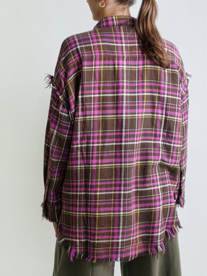 SHREDDED SEAM DROP NECK SHIRT BROWN PINK PLAID