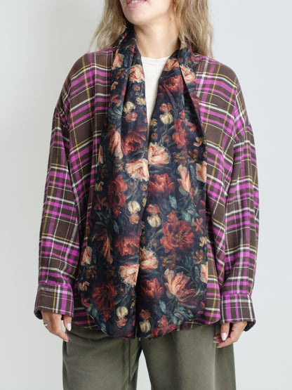 SCARF INSET DROP NECK SHIRT BROWN PINK PLAID