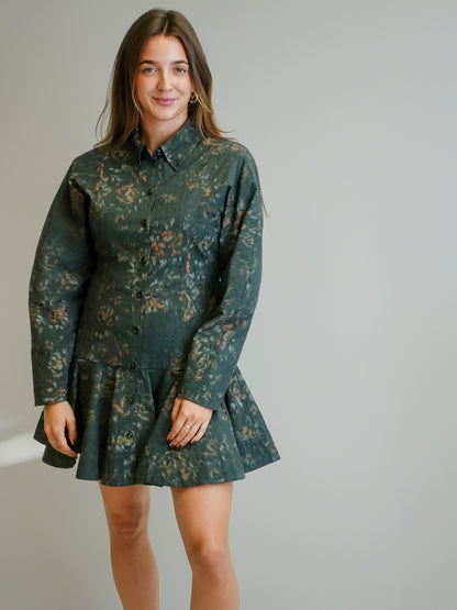 PRINTED STRETCH COTTON BUTTONED MINI DRESS PHANTOM