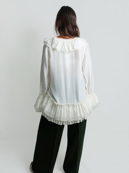 SANDWASHED VISCOSE SILK HABOTAI FRILL BLOUSE EGRET